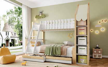Stapelbed – Hoogslaper – Bedbank – Kinderbed – Twijfelaar – 90x200 cm – Ingebouwd Bureau en Nachtkastje Met Stopcontact & USB – 2 Laden Zonder Matras