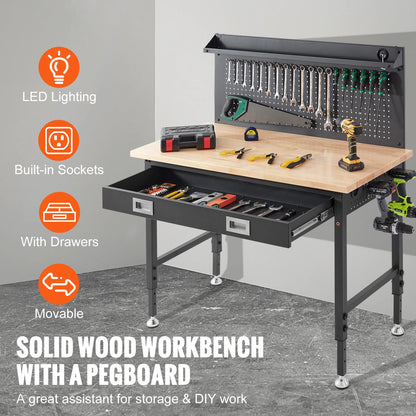 SucceBuy 2000lbs Hardwood Workbench Heavy Oak Plank Work Table Carbon Steel with 3m Cable 30 Hooks for Garage Office Workshop