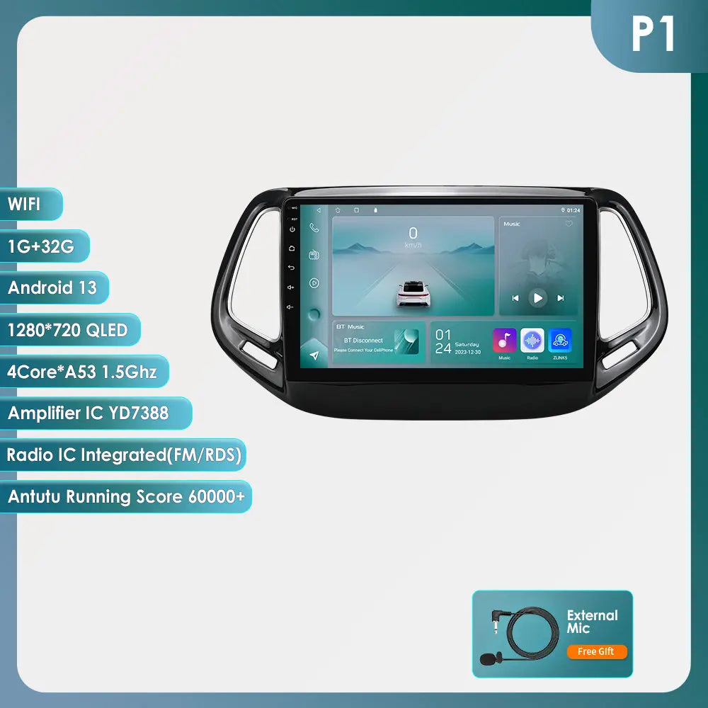 Hizpo Car Android 14 for Jeep Compass 2017 -2020 Auto Radio Multimedia Player GPS Navigation Carplay Stereo 4G BT No 2din DVD AI - QUORE