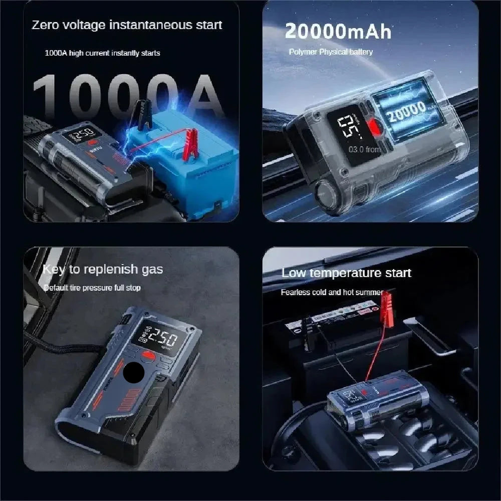 Jumpstarter - Jumpstarter for Car - 4 In 1 - 20000mAh - 1000A - Car Starting Device - Jumpstarter with Powerbank &amp; 150PSI Tire Inflator - Multifunctional Jump Starter - Black