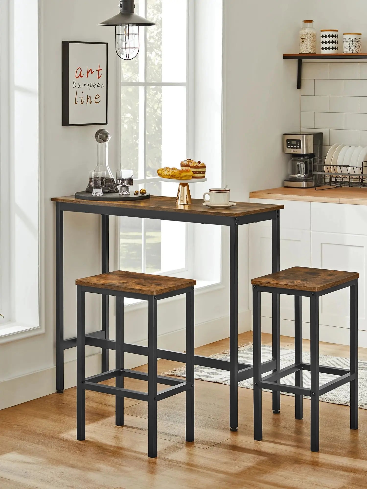 Bartafelset - Hoge Tafel - Metalen Frame -Industrieel Ontwerp - Voor Eetkamer - Woonkamer - Vintage Bruin - (100 x 40 x 90 cm) met 2 Barkrukken (elk 30 x 40 x 65 cm) - Zwart - QUORE