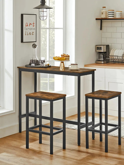 Bartafelset - Hoge Tafel - Metalen Frame -Industrieel Ontwerp - Voor Eetkamer - Woonkamer - Vintage Bruin - (100 x 40 x 90 cm) met 2 Barkrukken (elk 30 x 40 x 65 cm) - Zwart - QUORE