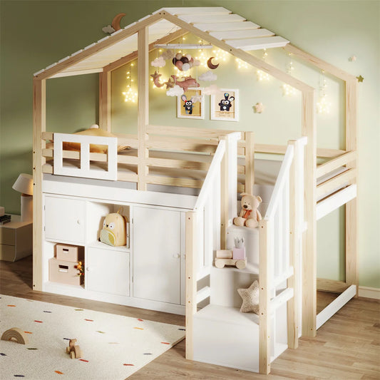 Hoogslaper – Kinderbed – Huisbed – Stapelbed – Hochslaper Kind – Massief Houten Frame – Slimme Opbergruimte Met Kast En Trap