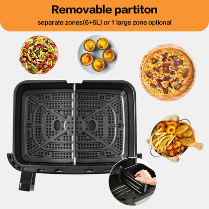 Heteluchtfriteuse – Airfryer - Airfryer Oven XXL - 12L - Dubbele Kookkamer Instelbaar - 2000W - 240V - 8 Voorgeprogrammeerde Programma's - LED Touchscreen - Kijkvenster - Zwart - QUORE