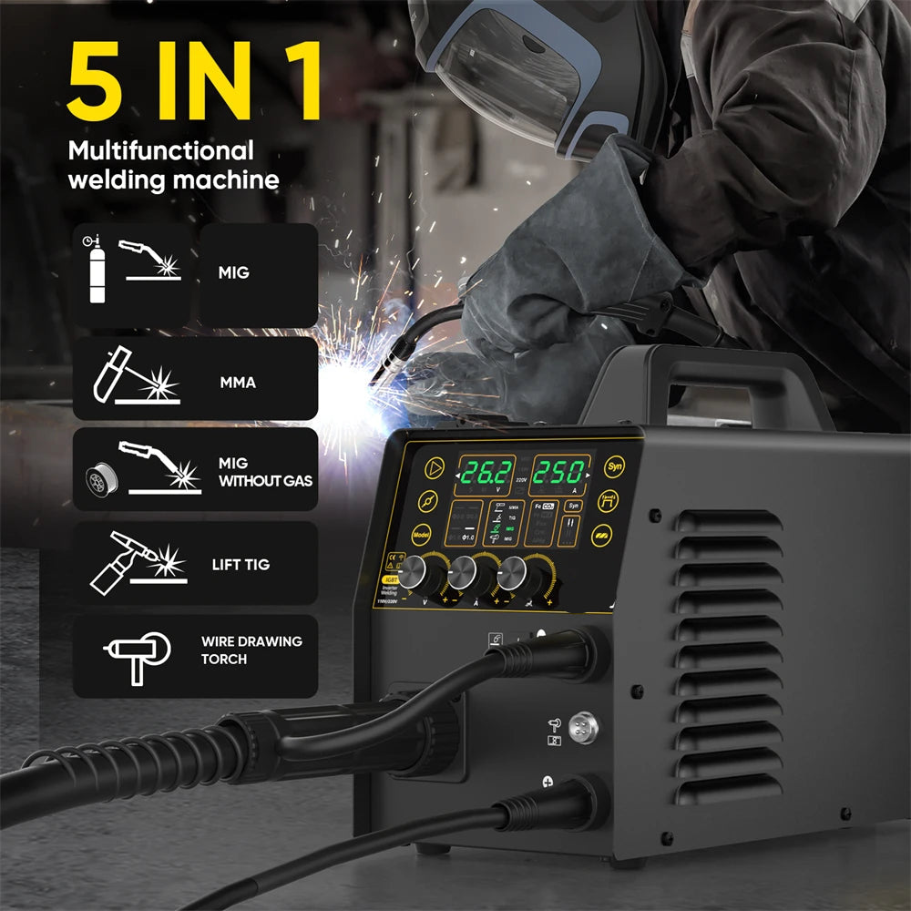 Elektrode Lasmachine - Lasmachine - Lasapparaat - Digitaal Inverterlassen - Draagbare - MMA ARC - Gasless MIG - LIFT TIG - AC 230V - ±15% - 50/60Hz - 64V - 42 x 26 x 18.5 cm - Zwart
