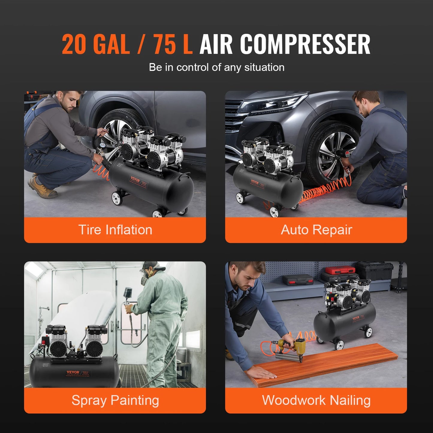 Stille Luchtcompressor - Airpress Compressor - Luchtcompressor Bandenpomp - Airpress - Elektrische Compressor - 650W - 80dB - Olievrije - 18 Gallon - Draagbare - Voor Auto Reparatie - Bandenvulling - Gereedschap
