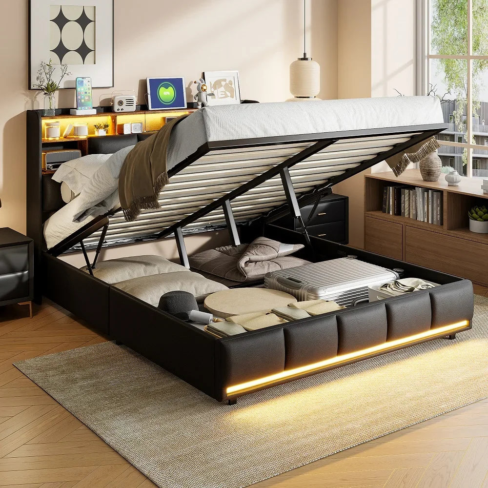 Opbergbed – Hydraulisch Bed – Opbergruimte Bed – LED Bed – USB Bed – Zwart PU Design – Maximale Belastbaarheid 340 Kg