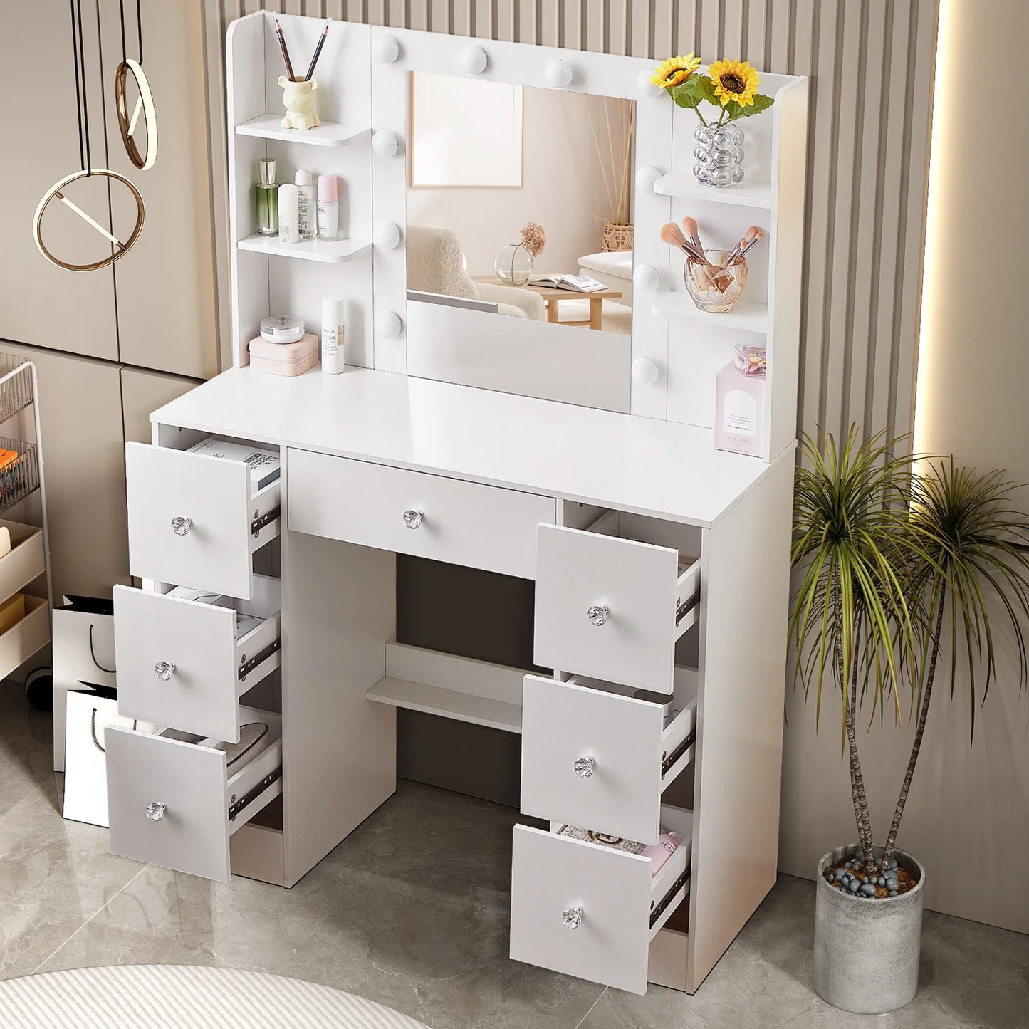 Makeuptafel – Kaptafel – Cosmeticatafel – Vanity Tafel – Schminktafel – Wit – 7 Laden & 6 Open Vakken – LED Spiegel met 3 Lichtkleuren