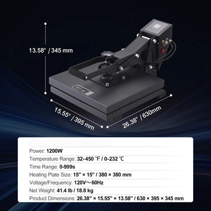 Warmtepers – Hittepers – Transferpers – Sublimatiepers – Drukpers – Grote Verwarmingsplaat 15 x 15 inch – Digitale Temperatuur- en Timerregeling - Zwart - QUORE