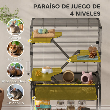 Dierenkooi Kleine Huisdieren – Knaagdierkooi – Fretkooi – Chinchillakooi – Hamsterkooi – 4-laags Met Wieltjes – Diepe 18 cm Bodembak – Stalen Constructie