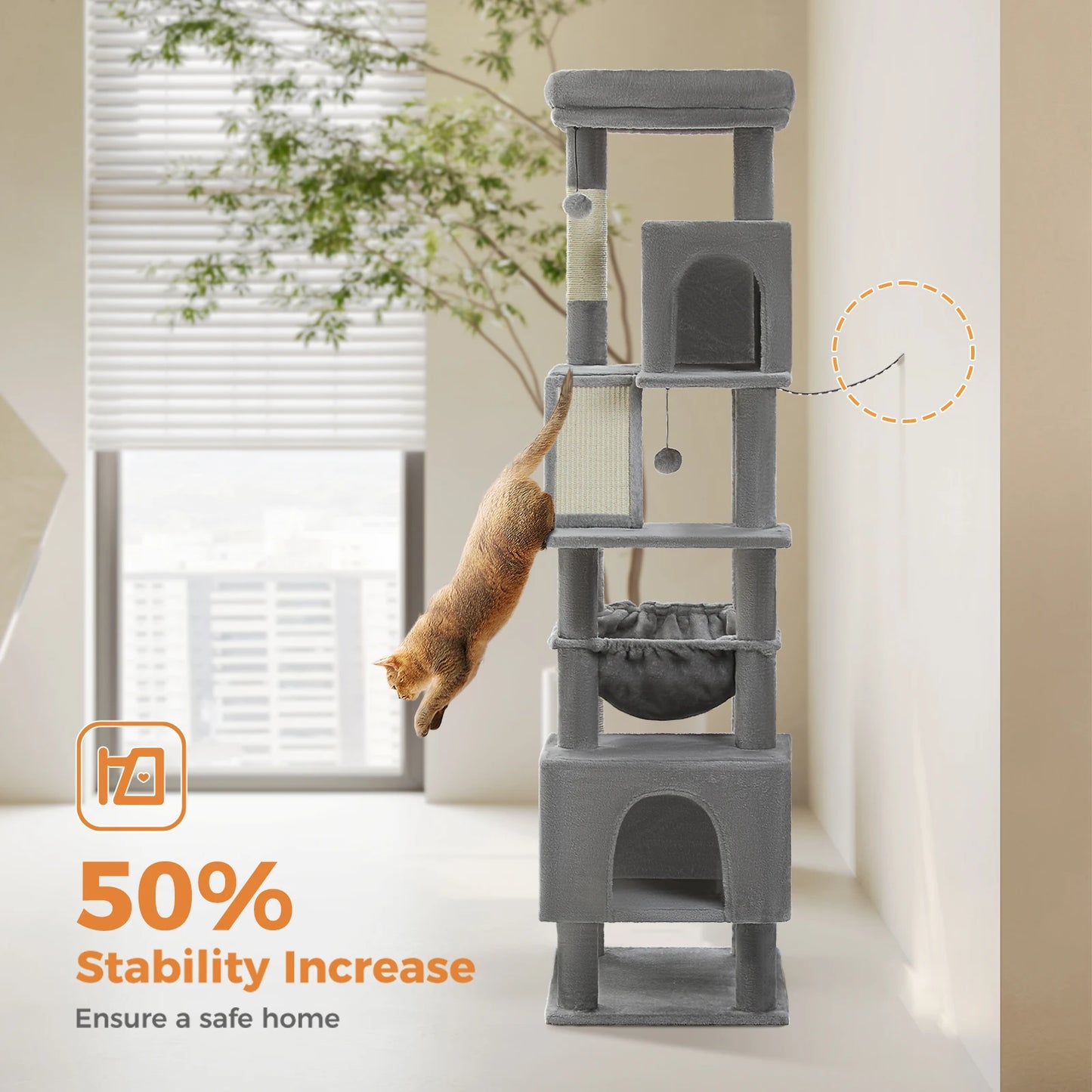 Kattenboom - Krabpaal - Kattenkrabpaal - Krabton - Krabpalen - Kattenhuis - Hoge Kattentoren met Meerdere Niveaus - 2 Ruime Condos, Bed voor Binnenkatten - Beige