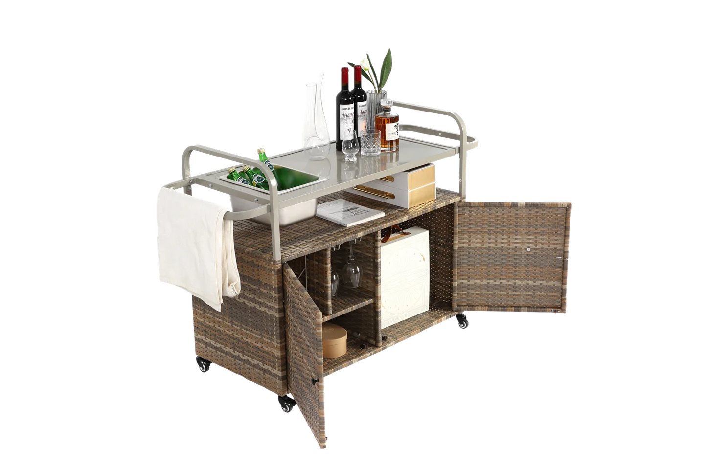 Outdoor Barwagen – Buitentrolley – Servierwagen – Tuinwagen – Bistrowagen – Gepoedercoat Staal – 360° Draaibare Wielen - QUORE