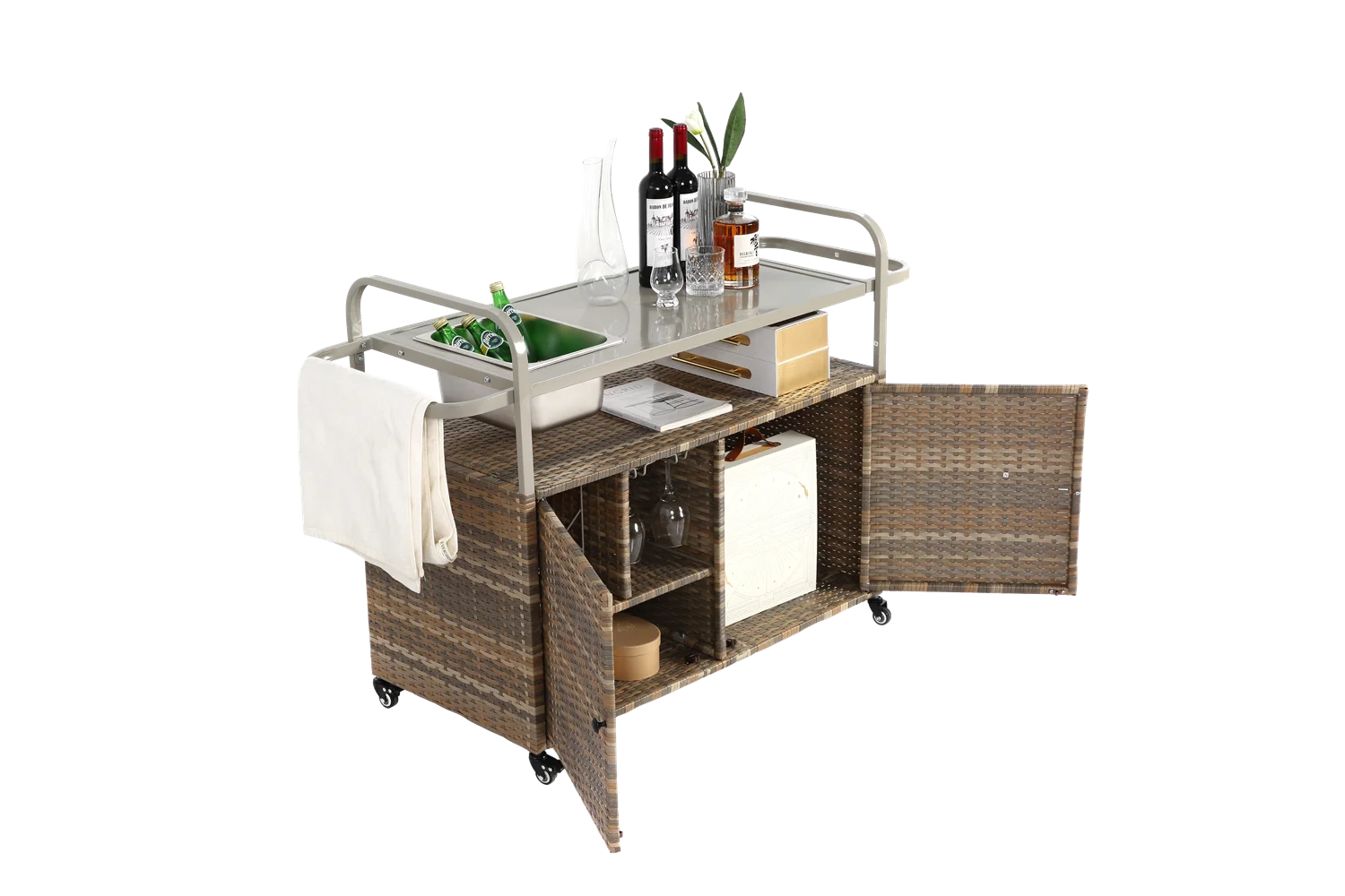Outdoor Barwagen – Buitentrolley – Servierwagen – Tuinwagen – Bistrowagen – Gepoedercoat Staal – 360° Draaibare Wielen - QUORE