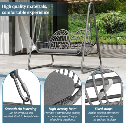 Tuinschommel - Dubbele Schommelbank - Schommelstoel - Tuin - Schommel - 2 Personen - met Rugleuning – PE Rattan & Metalen Frame – Donkergrijs