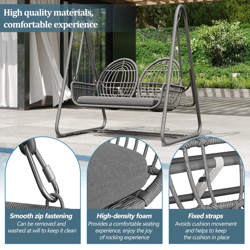 Tuinschommel - Dubbele Schommelbank - Schommelstoel - Tuin - Schommel - 2 Personen - Buiten/Binnen - met Rugleuning – PE Rattan & Metalen Frame – Beige