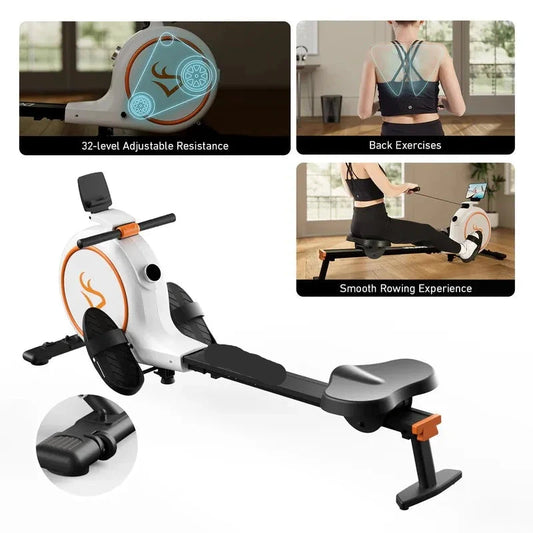 Roeimachine - Roeiapparaat - Magnetische Roeitrainer Fitness - Bluetooth Smart Rower - Geluidsstil - 32 Weerstandsniveaus - LED Display - 300LBS Draagvermogen - Wit
