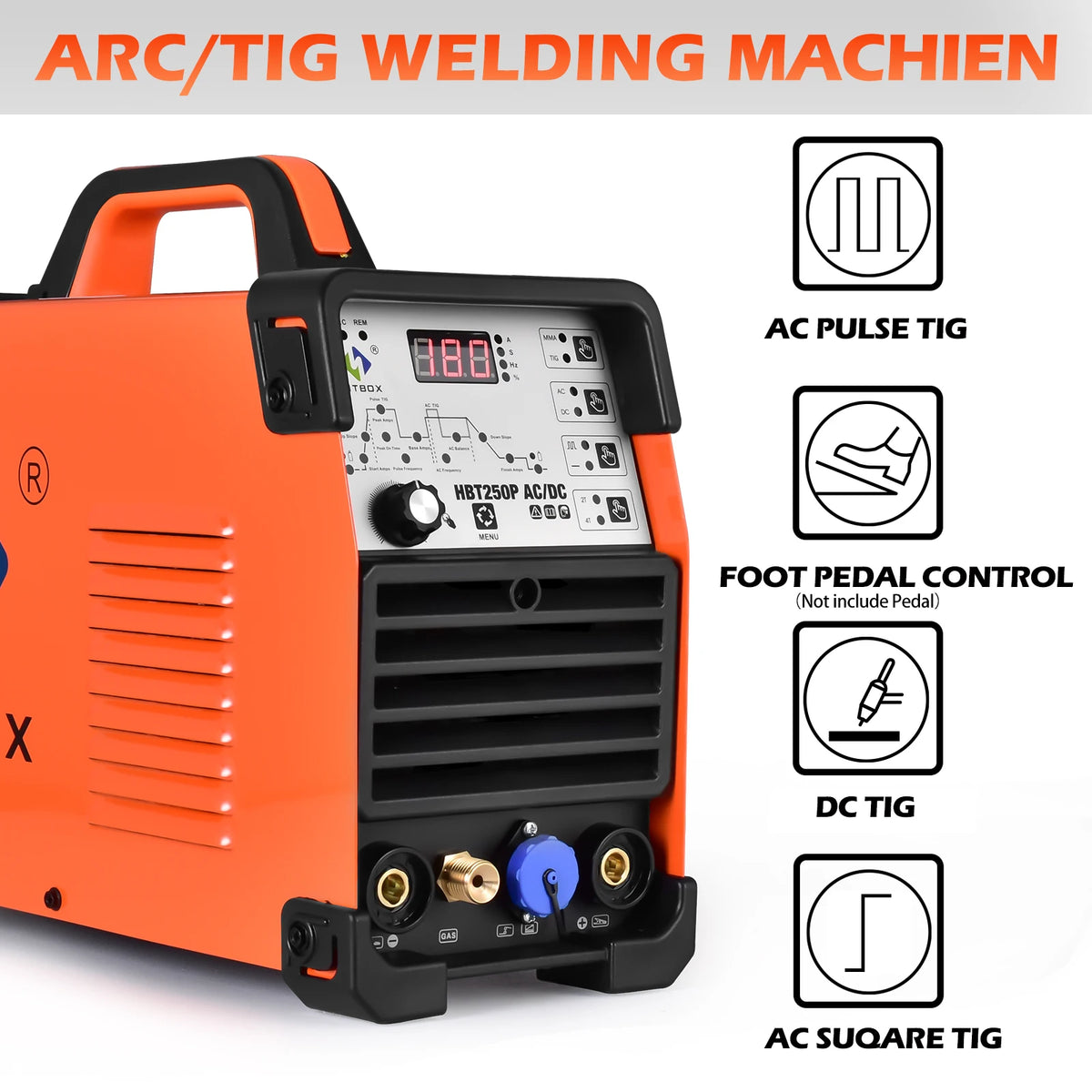 HitBox - HBT250P - Elektrisch lasapparaat - 3 in 1 - Aluminium Tig-lasmachine - ARC-kracht 2T-4T - met voetpedaal - Oranje