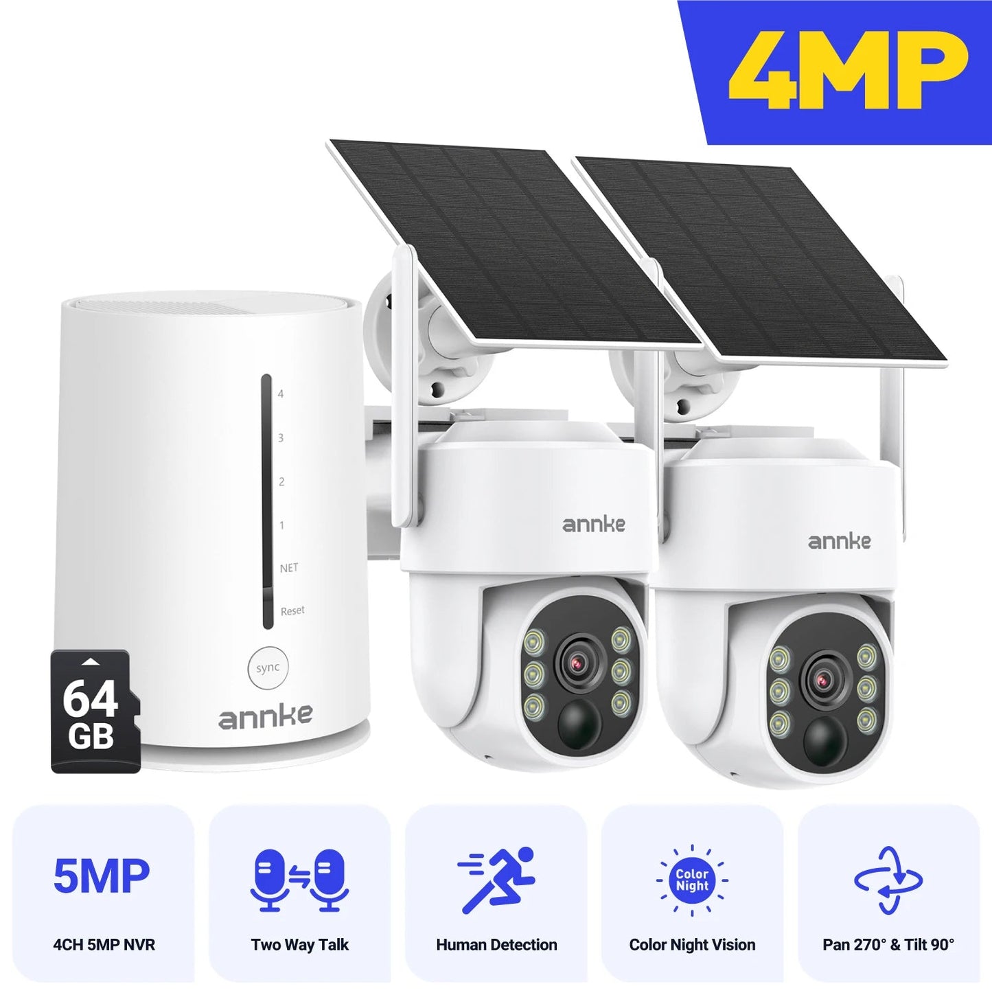 Draadloze Beveiligingscamera – Solar Camera – IP Camerabewaking – Buitenbeveiliging – Beveiligingssysteem – 4MP Resolutie – Kleurennachtzicht 9000mAh 2 Stuks 64GB - QUORE