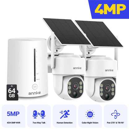 Draadloze Beveiligingscamera – Solar Camera – IP Camerabewaking – Buitenbeveiliging – Beveiligingssysteem – 4MP Resolutie – Kleurennachtzicht 9000mAh 2 Stuks 64GB - QUORE
