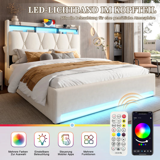 Bedframe 160x200 cm – Fluwelen Bed – Slaapkamerbed – Opbergbed – LED Bedframe – Ivoor – Verstelbaar Hoofdeinde Met LED – Extra Opbergruimte Met USB-Aansluiting