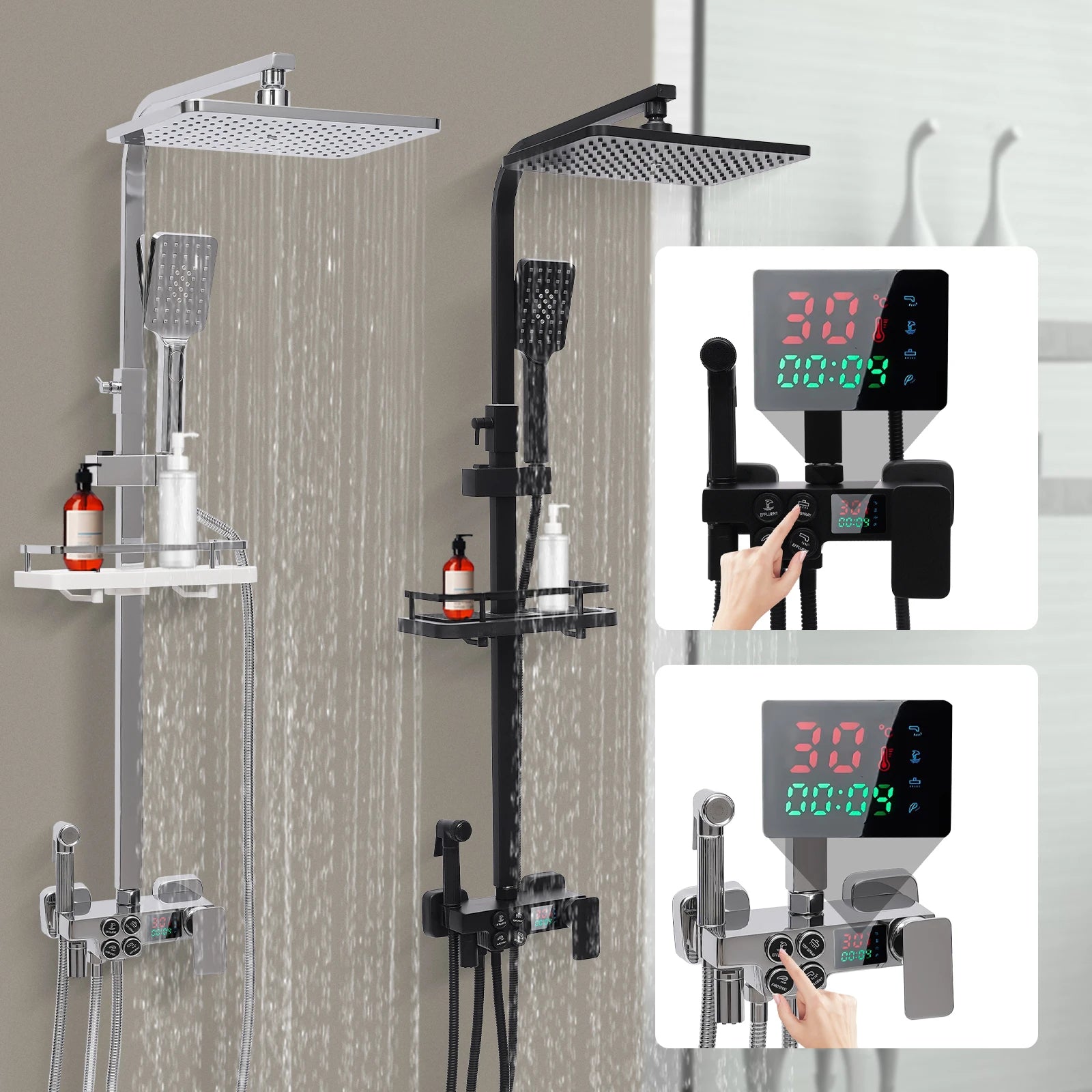 Douche - Regendouche - Douchewand - Douchekolom - Douchepanelen - Digitale Douche Set met LED Display - 4-in-1 Smart Douchekraan - Verstelbare Hoogte 70-115 cm - Zwart - QUORE