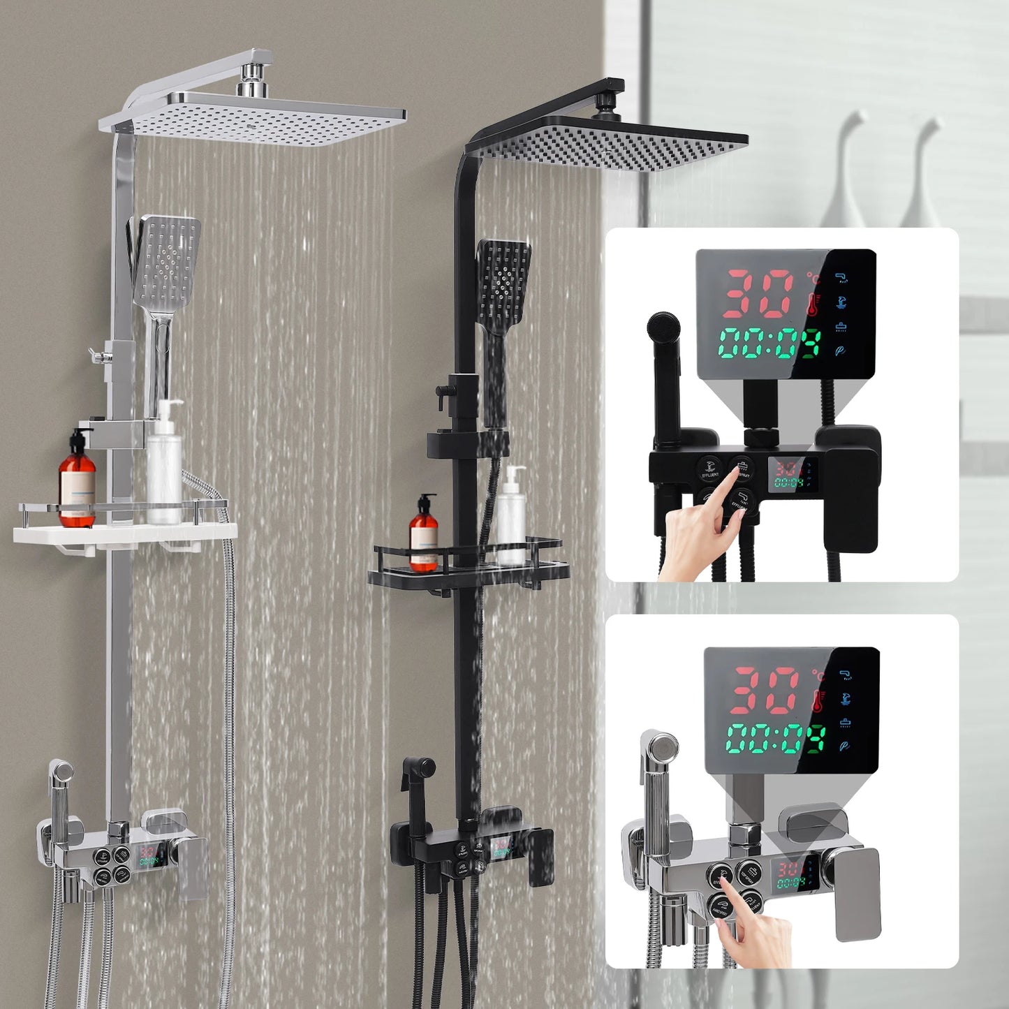 Douche - Regendouche - Douchewand - Douchekolom - Douchepanelen - Slimme Douchekraan Set - met Digitale Display - Verstelbare Hoogte & 4 Functies - Zwart