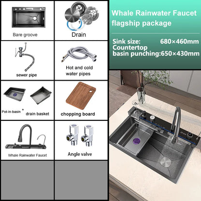 Stainless Steel Waterfall Kitchen Sink Extra Large Single Slot Digital Display Faucet Set Cup Washer Wash Basin 100*50cm