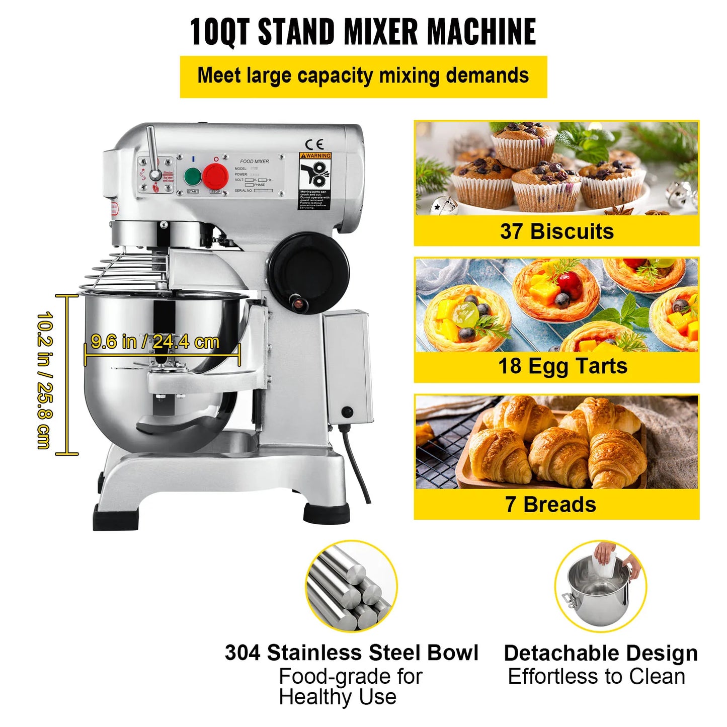 Keukenmixer – Elektrische Mixer – Deegkneder – Mixervoet – 10 Liter Kom – 450 Watt – 3 Snelheden