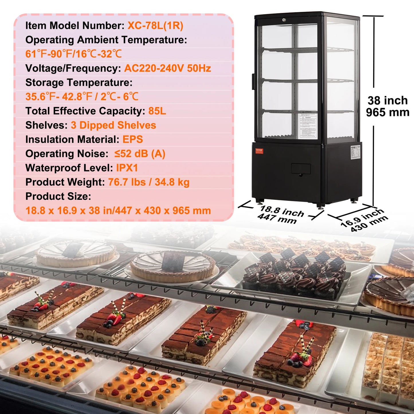 Gekoelde Displaykast – Koelvitrine – Koelkast – Presentatiekast – Bakkerskast – 278 Liter Inhoud – LED-Verlichting - 3 Kubieke Voet
