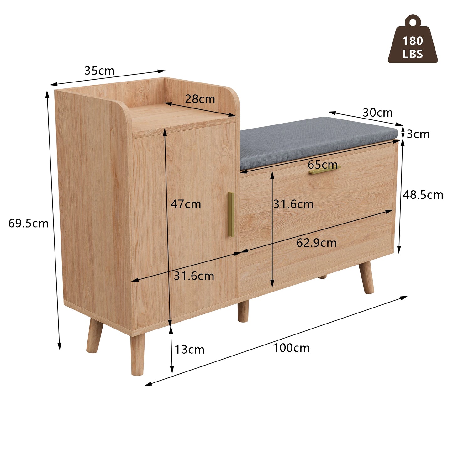 Schoenenbank – Schoenenkast – Schoenenrek – Zitbank – Opbergbank – Met 3 Lades – Compact Landelijk Design 100x30x69,5 cm