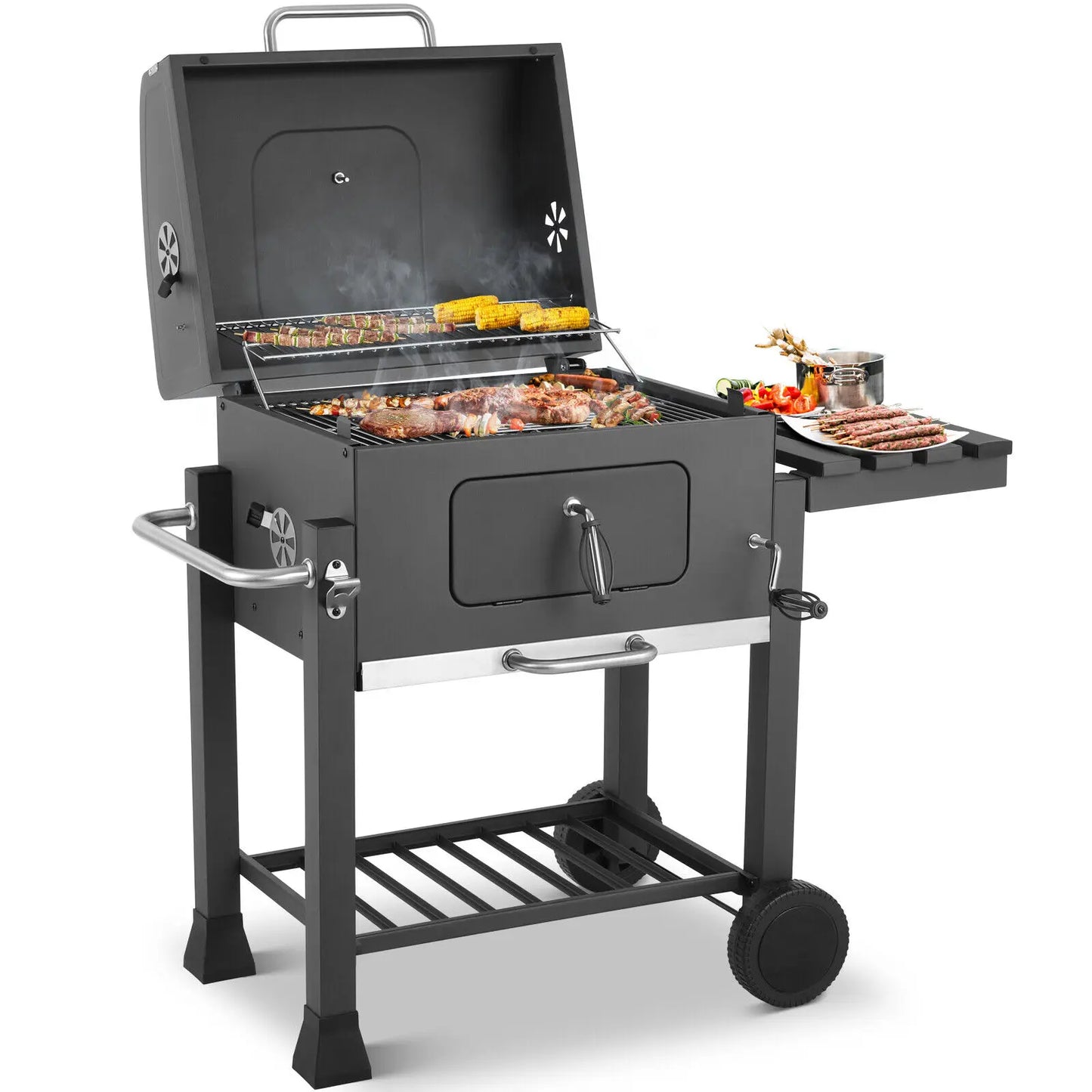 BBQ - BBQ Houtskool - Grill Trolley - Barbecue - Grote BBQ Grill - op Wielen - 116x55,7x100 cm - XXL Houtskoolwagen - Zware Uitvoering – Met Opener, Uittrekbare Aslade, Planken en Haken – Grijs