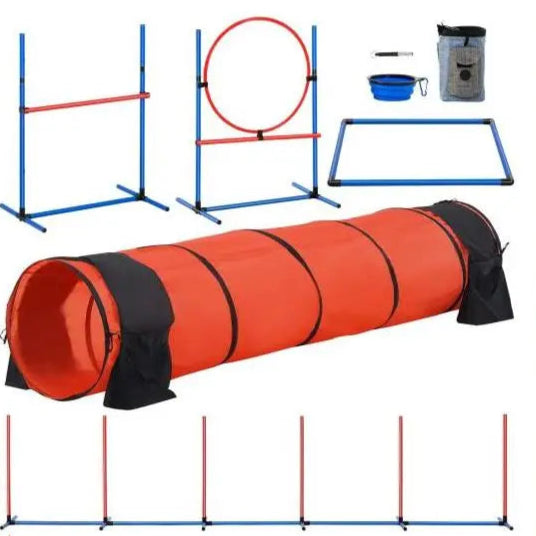 Hondentrainingsset - Honden Agility Set - Behendigheids training voor de hond - Slalom - Horde - Hondentunnel - Tunnel - Beloningszakje - 5 Delig - Obstacle Parcours met Draagtas – Basis Set - QUORE