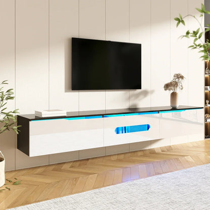 Zwart-wit TV-meubel – Tv-kast – Tv-bord – Wandmeubel – Zwevend Tv-meubel – 180 cm breed – 16-kleuren LED verlichting via app