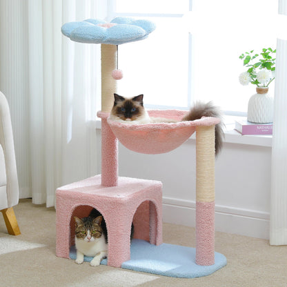 Kattenboom – met Bloem Ontwerp - Krabpaal - Stabiele Hangmat - Huis - Sisal Krabpalen - voor Kleine Binnenkatten - 89 cm - Blauw