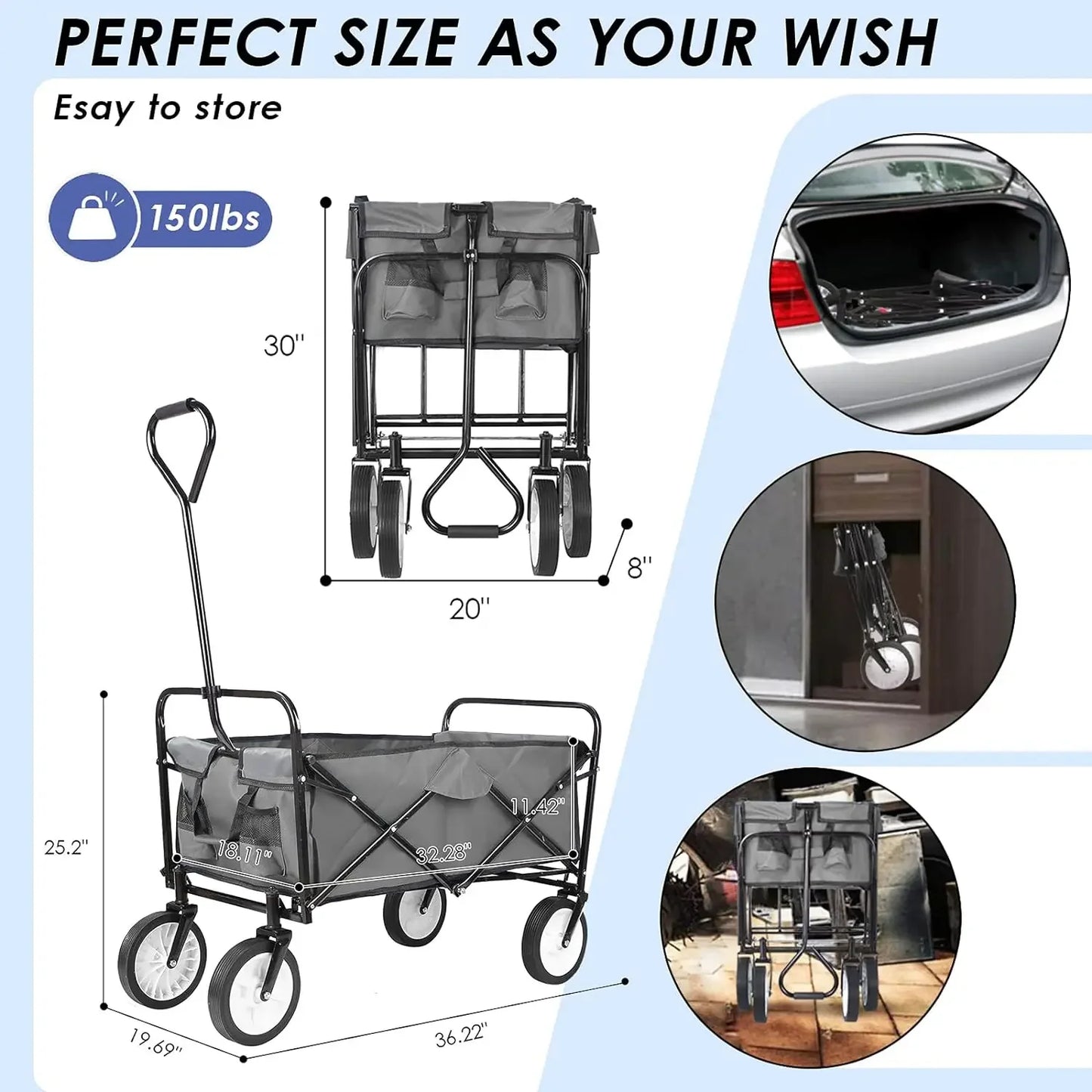 Bolderkar - Bolderwagen - Opvouwbare - Tuinkar - 262L -  Tuinwagen - Tuintrolley -  Wagon voor Winkelen, Strand, Park en Picknick, Outdoor Activiteiten en Kamperen - Draagvermogen 80kg - Groen