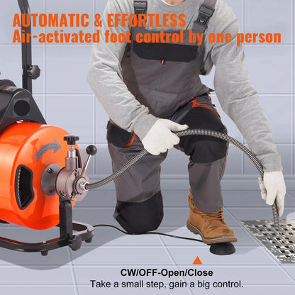 Elektrische Afvoerreiniger - Ontstoppingsveer - Rioolreinigersveer - Afvoerontstopper - 4 Snijbladen - 1800RPM Motor - 100FT - Opvouwbare - Handgreep - en Wielen - Voor Afvoeren - Toiletten - Goten