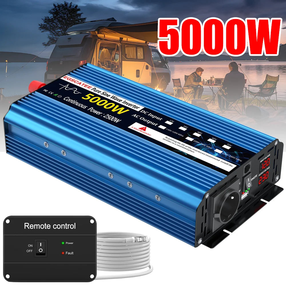 Omvormer – Inverter – Spanningsomvormer – Converter – Stroomomvormer – Zuivere Sinusgolf – 5000W Piekvermogen – Aluminium Behuizing