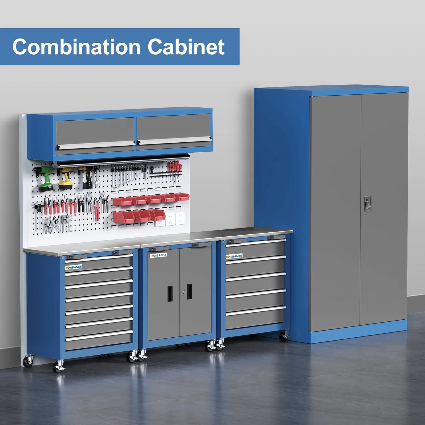 Modulaire Gereedschapskast - Werkplaatswagen - Gereedschapswagen - 5 of 7 Lades - Dubbeldeurs - met Slot & Wielen - Metalen Werkbank - Opbergkast Werkplaats - Blauw