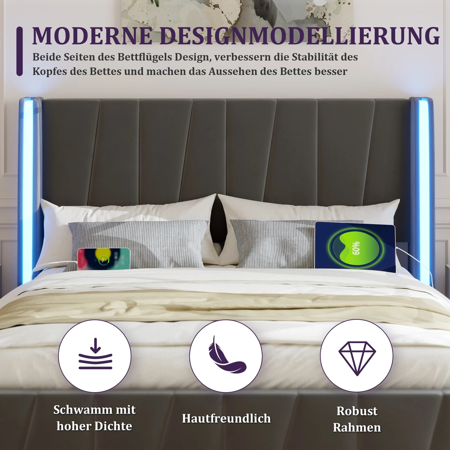 Bedframe 160x200 – Tweepersoonsbed – Boxspring – Bedombouw – Slaapkamermeubel – Fluweelstof Bekleding – Hydraulische Opbergruimte – USB Poorten – LED Sfeerverlichting