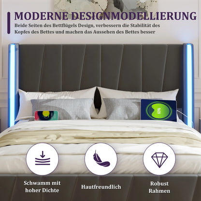 Bedframe 160x200 – Tweepersoonsbed – Boxspring – Bedombouw – Slaapkamermeubel – Fluweelstof Bekleding – Hydraulische Opbergruimte – USB Poorten – LED Sfeerverlichting