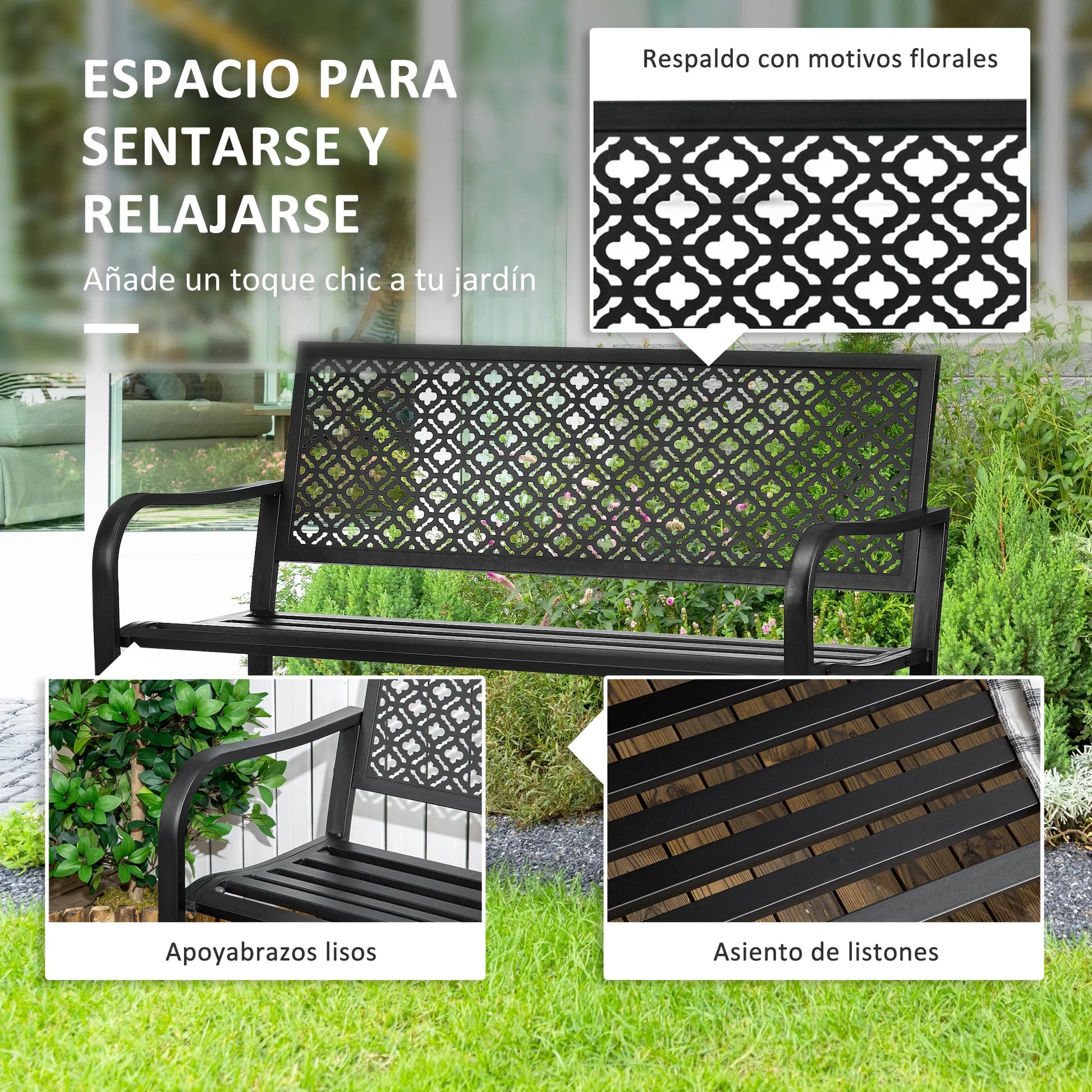 Tuin Bank - Tuinbank Hout - Tuinbanken - Garden Furniture - Stalen Tuinbank voor Twee Personen met Decoratieve Rugleuning - 127x63x83 cm - Zwart - QUORE