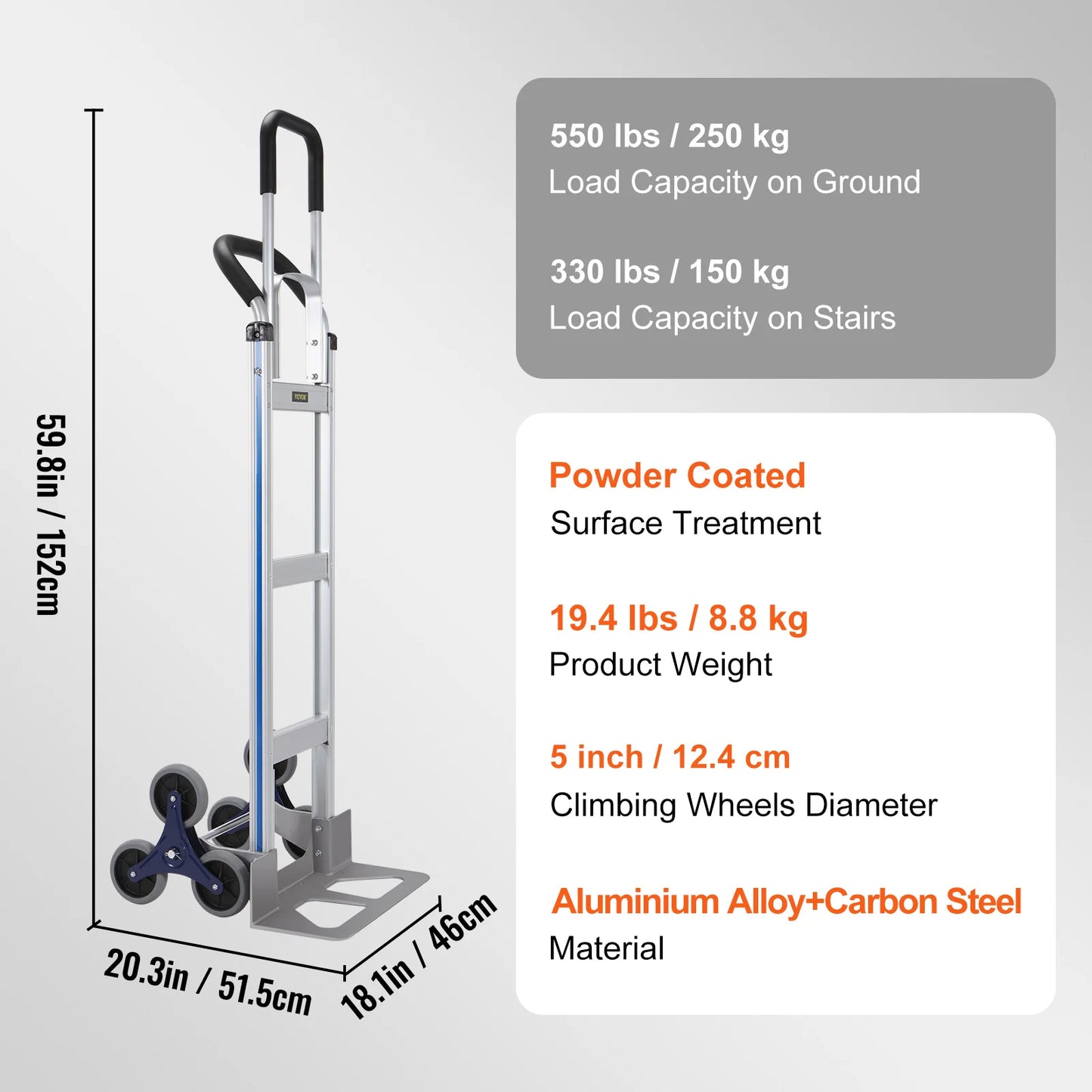 Traploper Trolley – Handkar – Opvouwbare Transportkar – Handgrepen met Beugel – Inklapbare Trolley