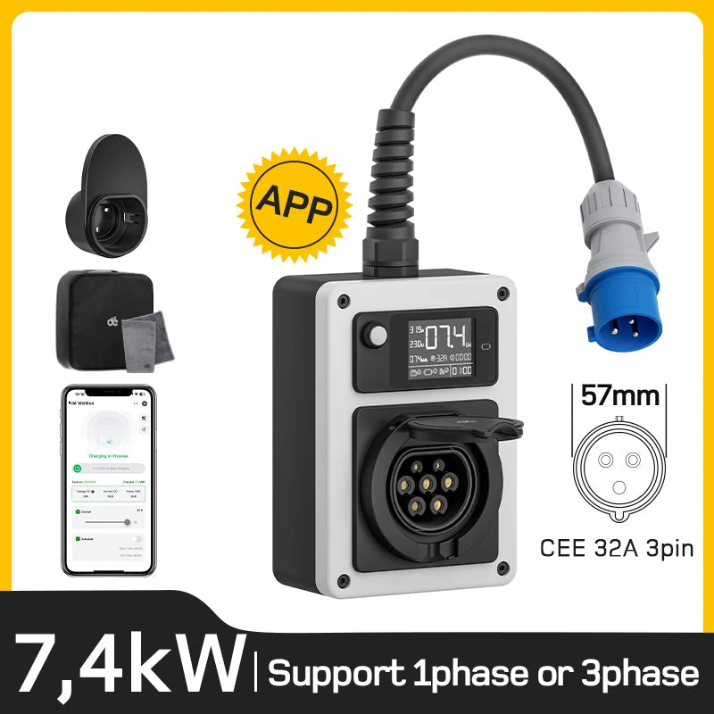 Mobiele Wallbox – Laadstation – EV Charger – Oplaadpaal – Mobiel Laadpunt – 7,4 kW 32A 1-fase – App Bediening en CEE Plug naar Type 2 - QUORE