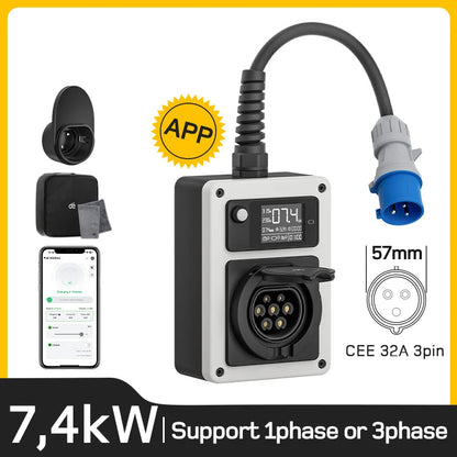 Mobiele Wallbox – Laadstation – EV Charger – Oplaadpaal – Mobiel Laadpunt – 7,4 kW 32A 1-fase – App Bediening en CEE Plug naar Type 2 - QUORE