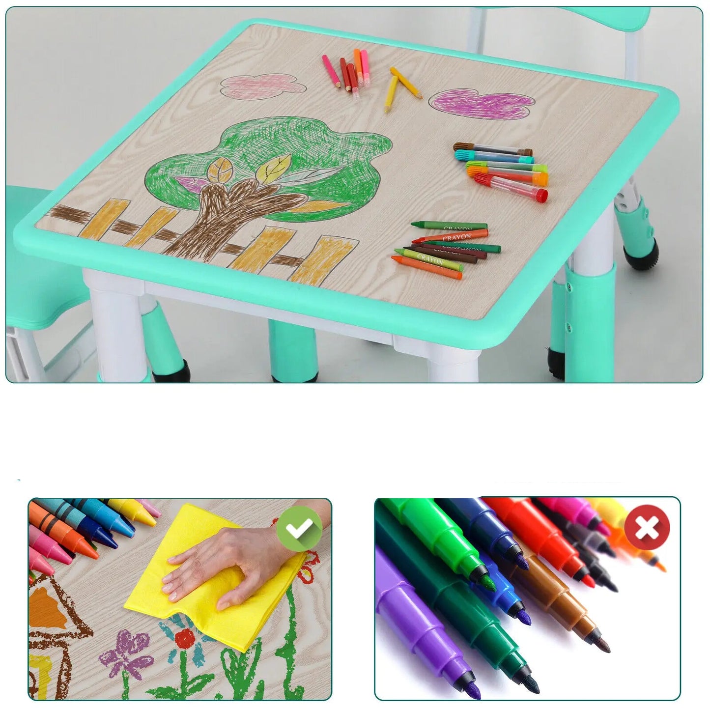 Kindertafel en Stoeltjes - Kindertafel - Kleuterstoel - Kinderstoeltje - Tafel -  Verstelbare Hoogte – 1 Tafel + 2 Stoelen – Voor Kinderen van 3 tot 8 Jaar – Studie & Speelmeubilair - Turquoise