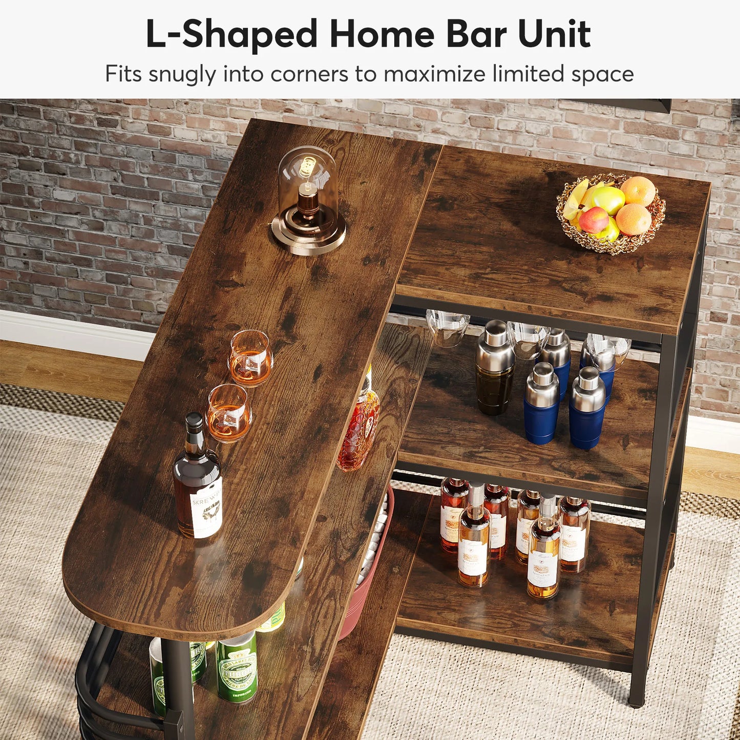 L-vormige Barunit – Thuisbar – Dranktafel – Cocktailbar – Barmeubel – Ruime Opbergruimte – Stabiel Metaal en Spaanplaat – Wijnrek en Glazenhouder – Compact Design - QUORE