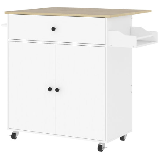 Keukeneiland – Keukentrolley – Keukenkast – Kookeiland – Werkblad – Uitklapbaar Werkblad – Melamine Afwerking - Wit en Eiken - QUORE