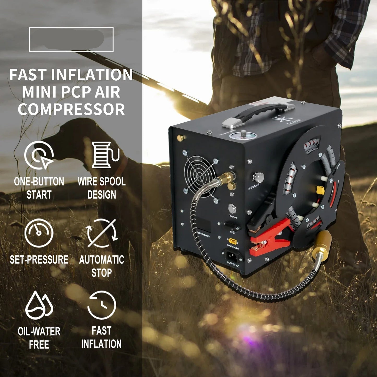 Luchtcompressor - Compressor - Luchtpomp - Air Compressor - 4500Psi - 300bar - PCP - Hoge Druk Draagbare Compressor – Ingebouwde 12V Voedingsadapter – Geschikt voor Luchtgeweren – Auto-Stop Functie - 220V