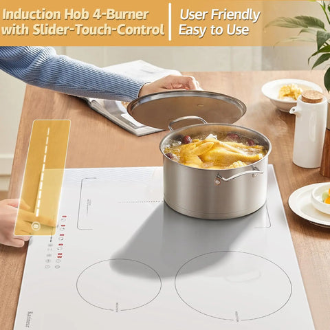 Inductie kookplaat - Induction Hob - Induction Cook Top - Inductie Fornuis - Elektrische Brander - 4 Zones met Stekker - 59CM - 3500W - Wit Keramisch Glas - Combinatie Zones - Schuifregelaars - 9 Vermogensniveaus
