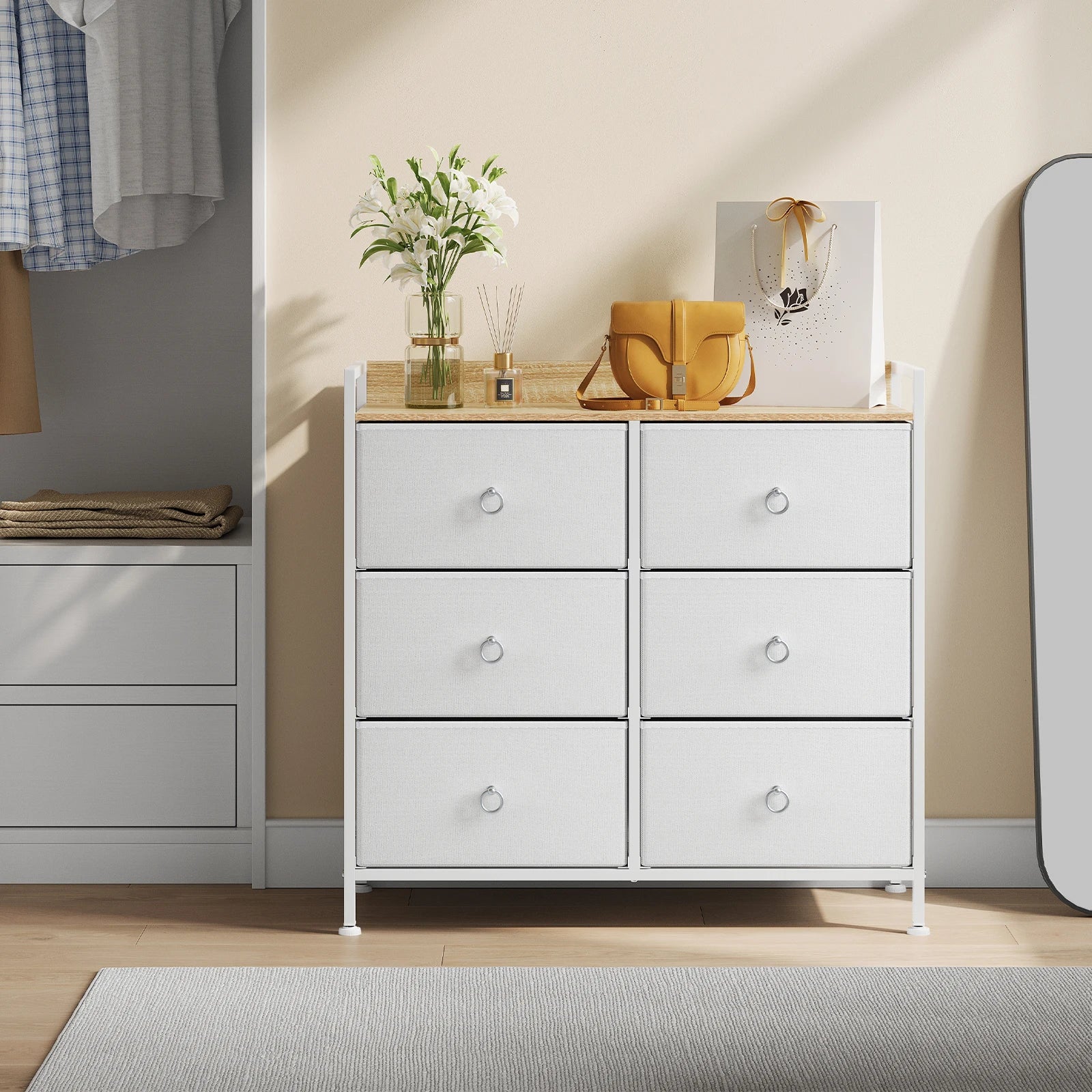 Ladenkast - Dressoir Kasten - Ladekast met 6 Stoffen Lades - Stevig & Stijlvol - Industriële Opbergkast - Metaal & Hout - Voor Woonkamer - Slaapkamer  - Hal  - 80x29x78cm - Wit - QUORE